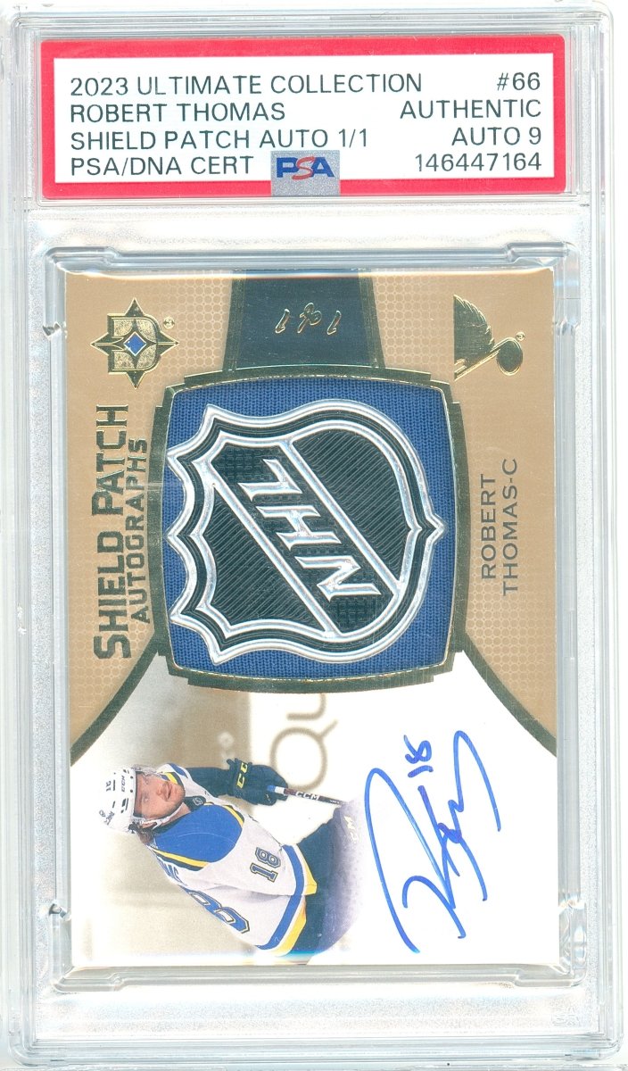 2023 Upper Deck Ultimate Robert Thomas Shield Patch Auto 1/1 66 PSA Authentic Auto 9 Blues - Kapascope