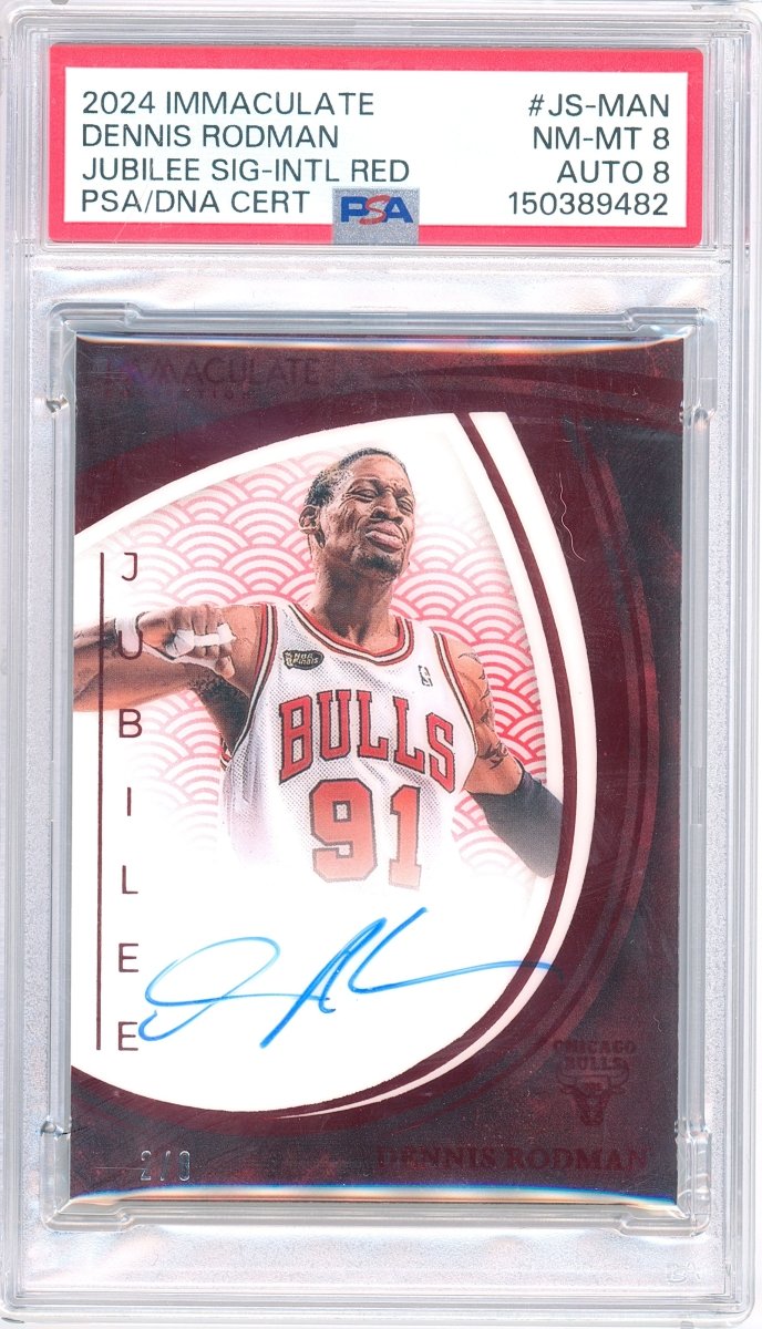 2024-25 Panini Immaculate Dennis Rodman Jubilee Signatures Intl Red Auto JS-MAN /8 PSA 8 Auto 8 Bulls - Kapascope