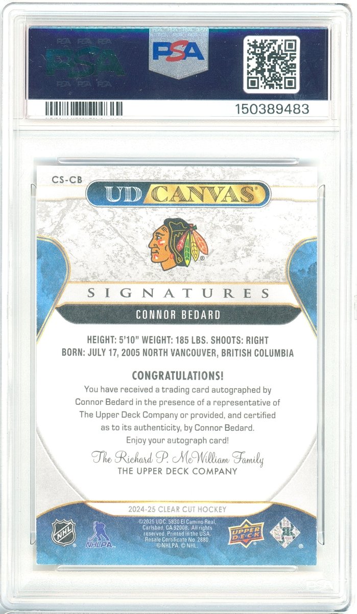 2024-25 Upper Deck Clear Cut Connor Bedard UD Canvas Signatures CS-CB PSA 9 Mint Auto 8 - Kapascope
