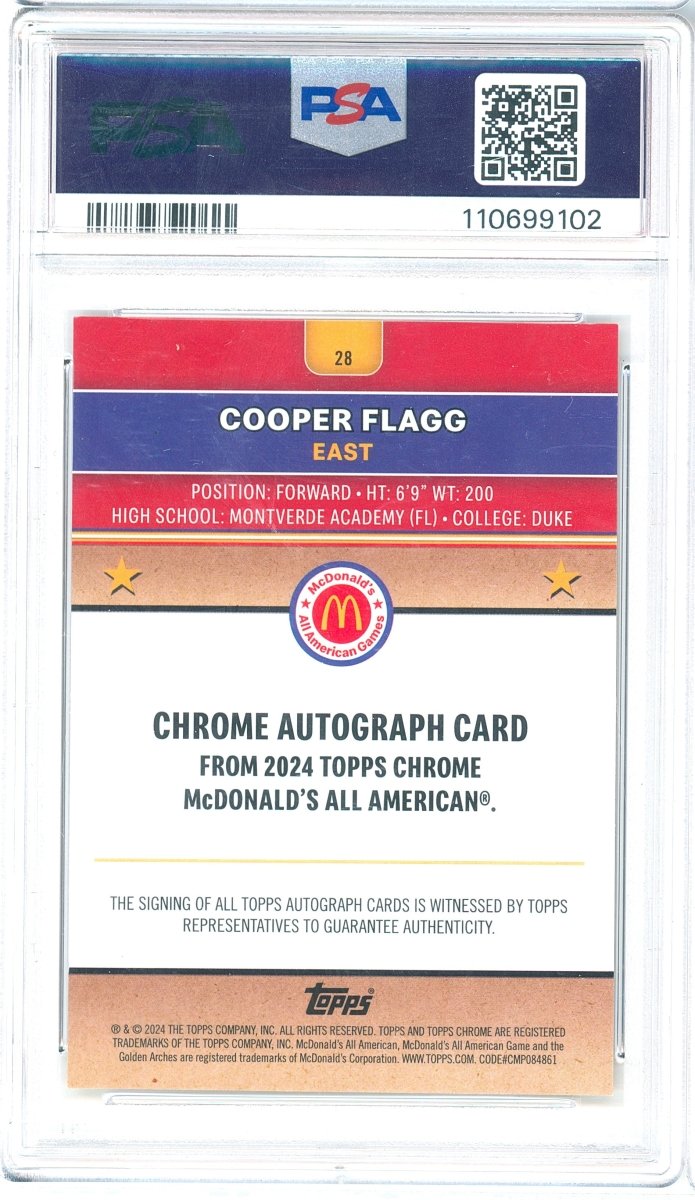 2024 Topps Chrome McDonald's Cooper Flagg 28 Gold Autograph Refractor 16/50 PSA 10 - Kapascope