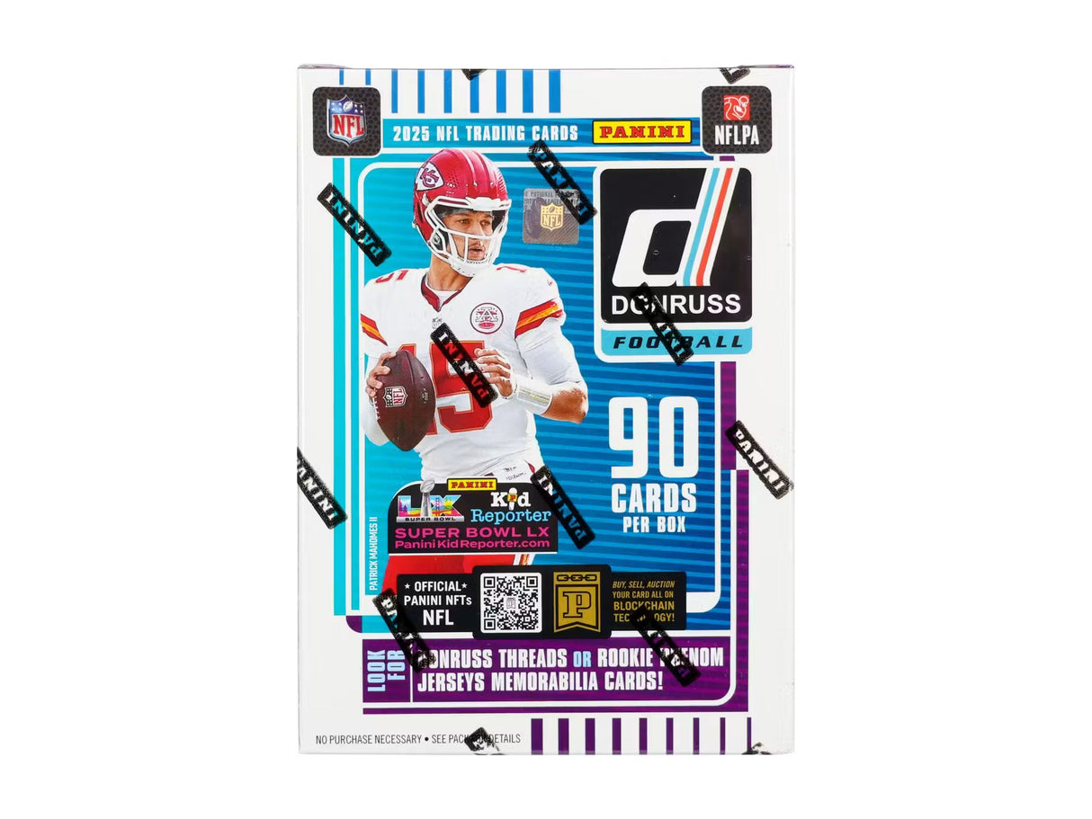 Close-up of 2025 Panini Donruss Football Blaster Box packs and White Hot Rookies packaging