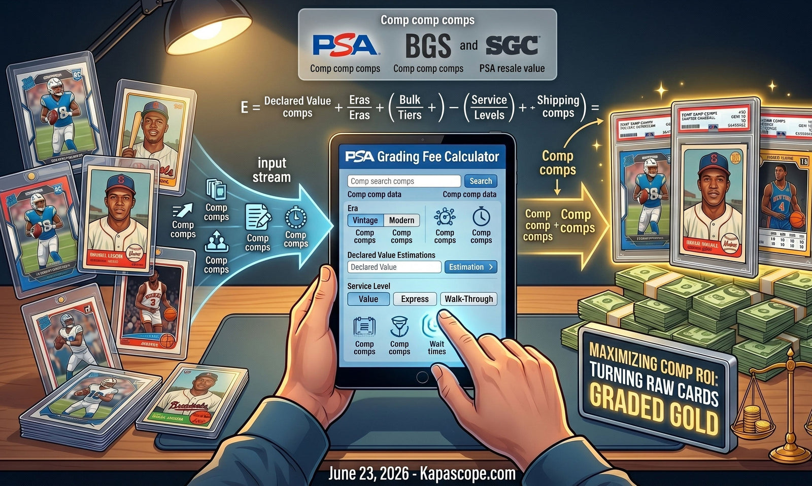 An illustration of a collector using a PSA Grading Fee Calculator on a tablet, demonstrating the formula and process of turning raw sports cards into highly valued graded slabs to maximize ROI.