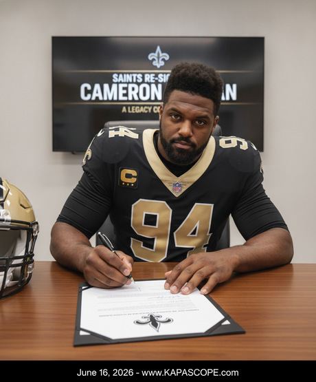 Sports-news editorial illustration for a NFL story about Cameron Jordan, no logos, no readable text, no real player likeness, no fake products.