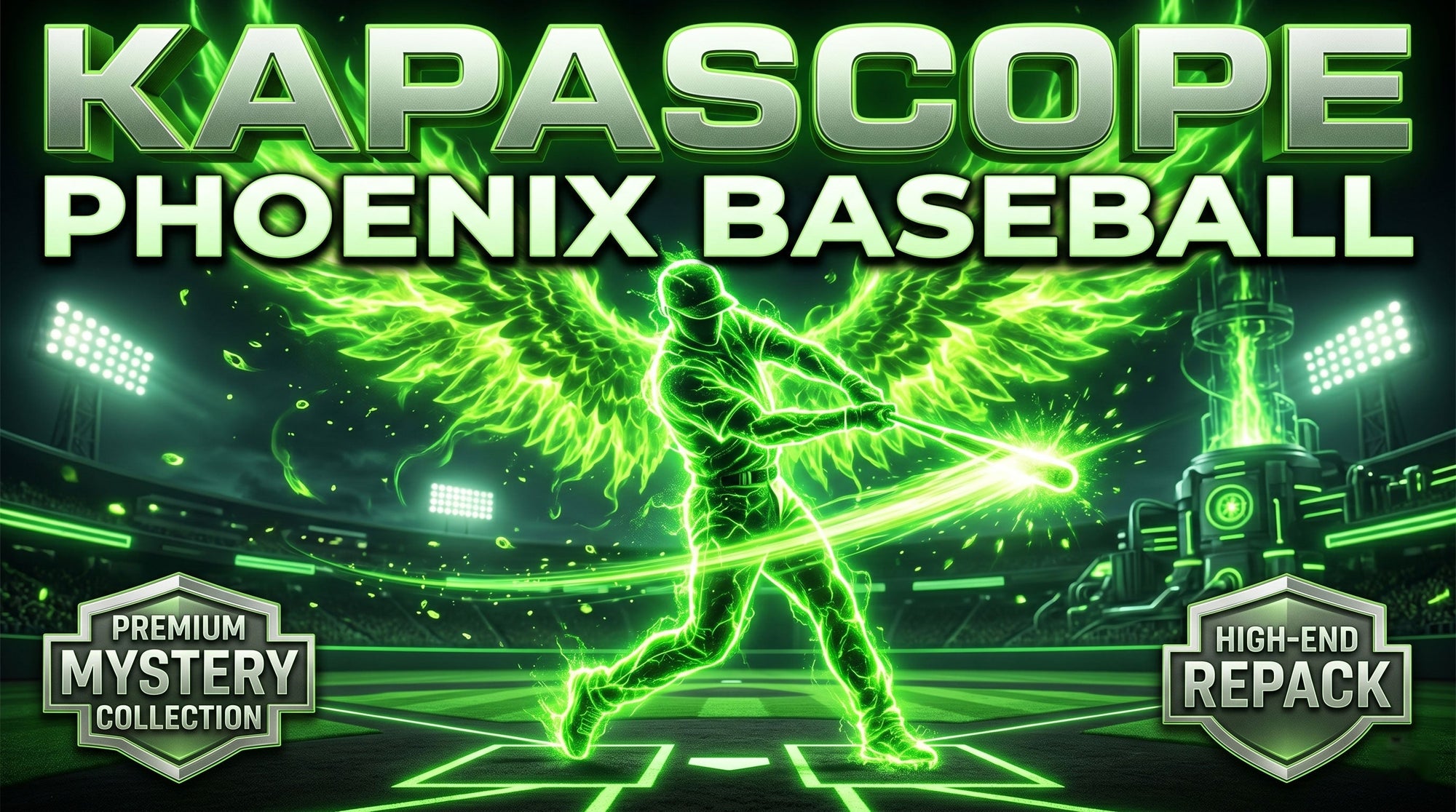 Kapascope Phoenix Series baseball card repack collection with neon green packaging and 10-box case