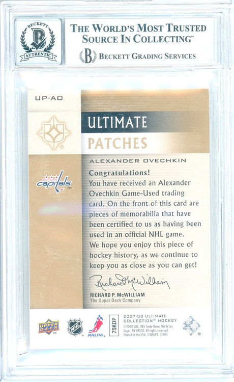 2007-08 Upper Deck Ultimate Collection Alexander Ovechkin Ultimate Patches Game-Used Dual Patch Auto UP-AO 24/25 Beckett/Fanatics Auto 10 - Kapascope