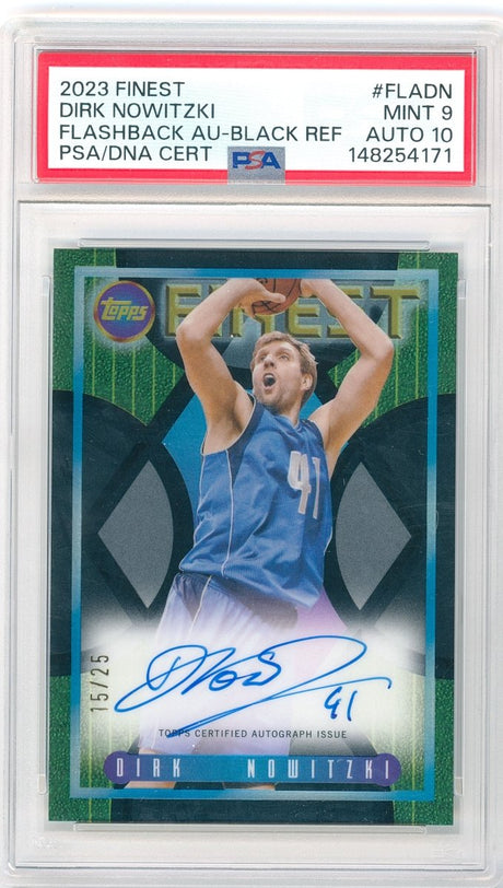 2023-24 Topps Finest Dirk Nowitzki Flashback Autograph Black Refractor FLA-DN 15/25 PSA 9 Auto 10 - Kapascope