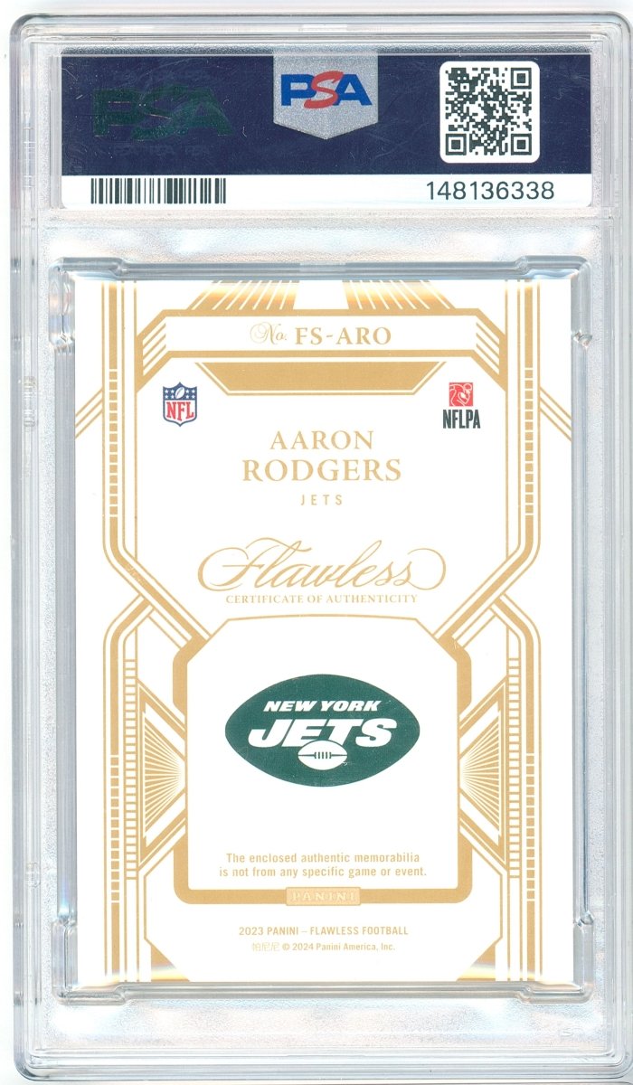 2023 Panini Flawless Aaron Rodgers Flawless Laundry Tags FS-ARO 3/3 PSA 10 Gem Mint Jets - Kapascope