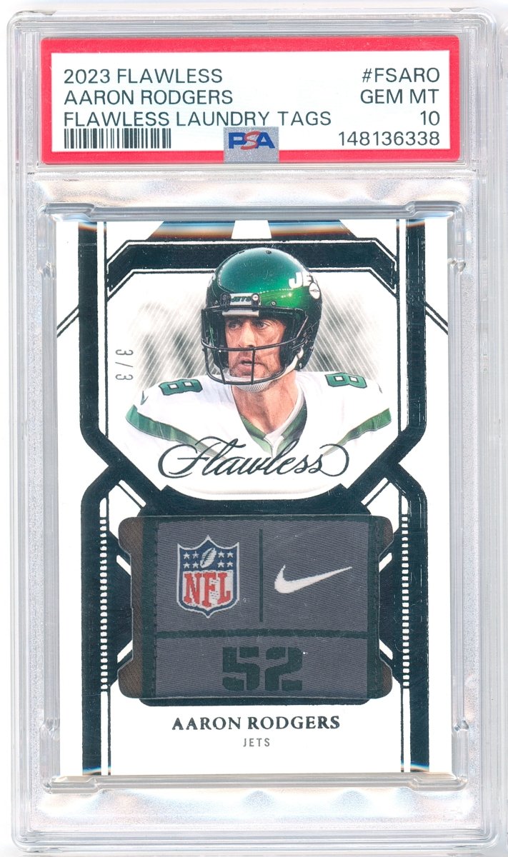 2023 Panini Flawless Aaron Rodgers Flawless Laundry Tags FS-ARO 3/3 PSA 10 Gem Mint Jets - Kapascope
