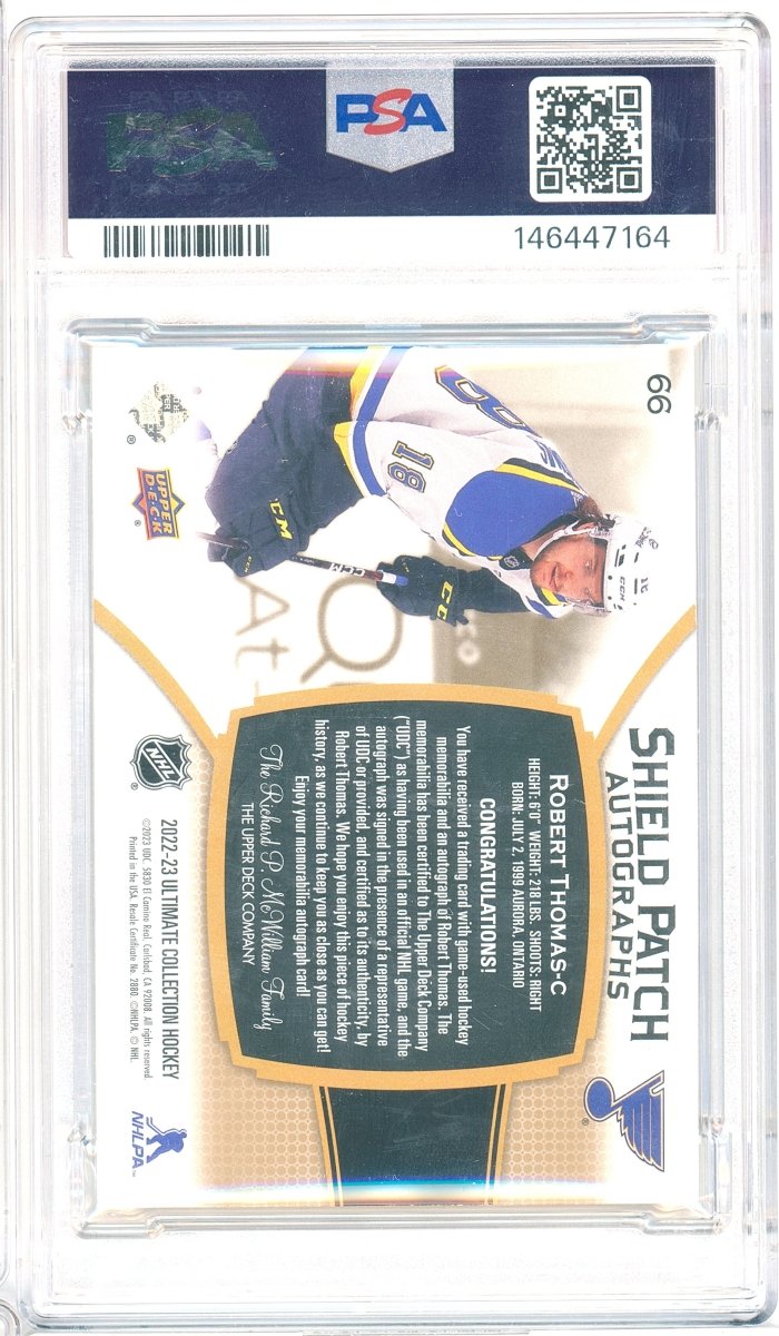 2023 Upper Deck Ultimate Robert Thomas Shield Patch Auto 1/1 66 PSA Authentic Auto 9 Blues - Kapascope
