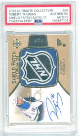 2023 Upper Deck Ultimate Robert Thomas Shield Patch Auto 1/1 66 PSA Authentic Auto 9 Blues - Kapascope