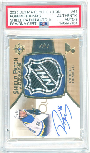 2023 Upper Deck Ultimate Robert Thomas Shield Patch Auto 1/1 66 PSA Authentic Auto 9 Blues - Kapascope
