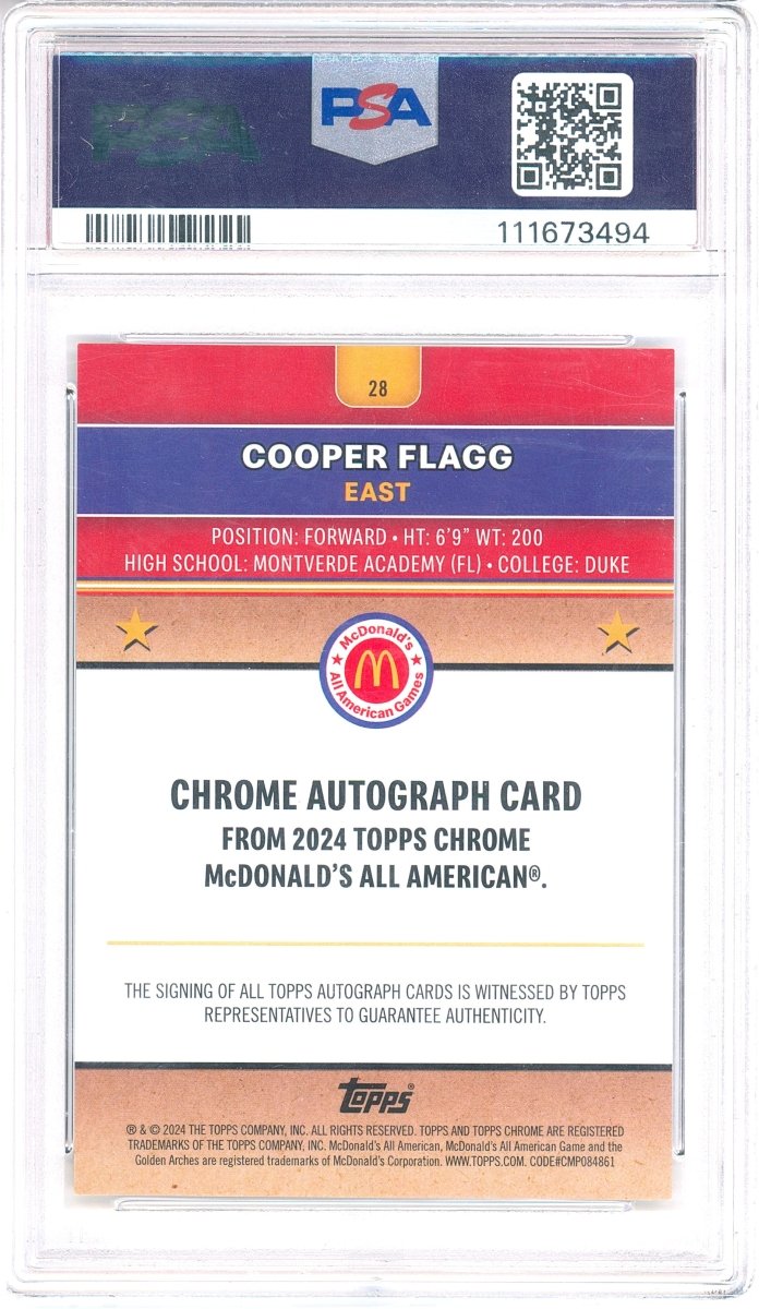 Shop Cooper Flagg 2024 Topps Chrome McDonald’s All American Gold Refractor Autograph 28, serial 10/50, graded PSA GEM MT 10 - Kapascope